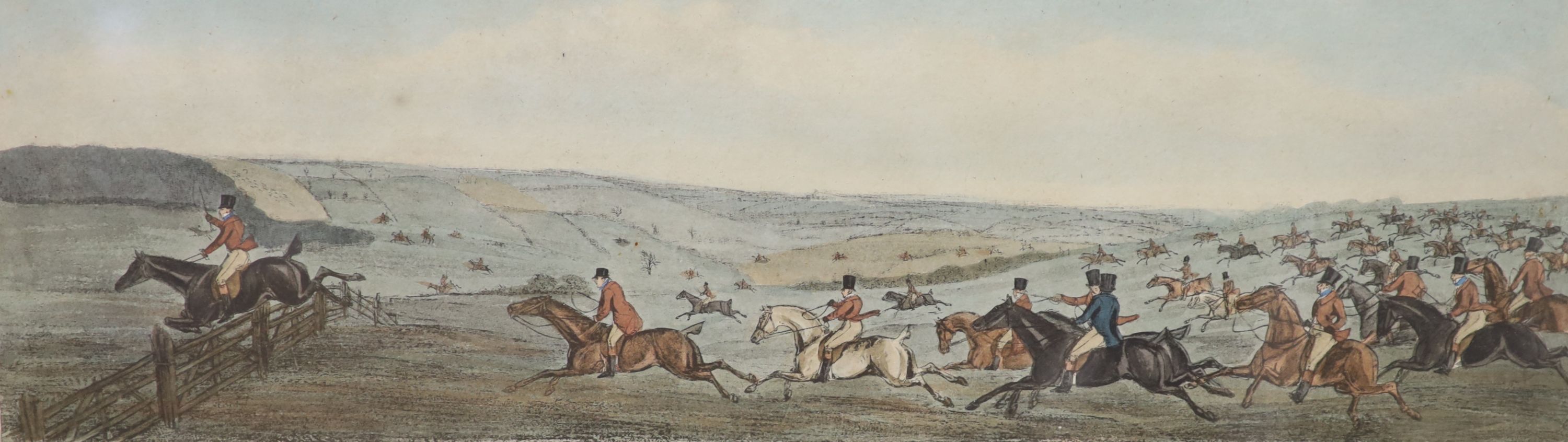 Sutherland after Alken, a set of four coloured engravings, The Leicestershire Covers, hunting scenes, 19 x 53cm, eglomise framed